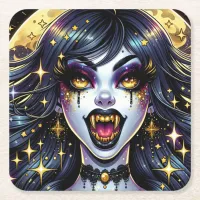 Comic Book Style Vampire Halloween Party  Square Paper Coaster