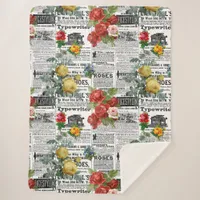 * AR23 Roses Floral Flower Vintage Newsprint Sherpa Blanket