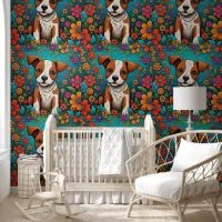 Whimsical Folk Art Puppy Dog and Flowers Wallpaper