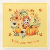 Cute Pumpkin Fairy in Autumn Wreath Glass Coaster