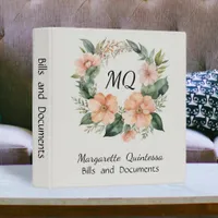 Girly Peach Fuzz Watercolor Floral Black Monogram 3 Ring Binder