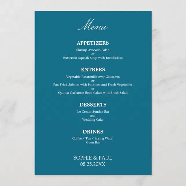 Stylish Elegant Turquoise Blue Wedding Menu