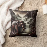 Majestic Elephant Drinking by Serene Waterfall Throw Pillow