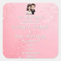 "Whimsical Light Pink Wedding Invitations Sparkles Square Sticker