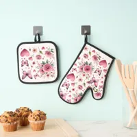 Pink Floral Girly Oven Mitt & Pot Holder Set