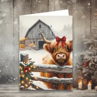 Vintage Farm and Cute Highland Cow Christmas  Card