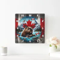 Canadian Beaver in Front of Maple Leaf Background Square Wall Clock