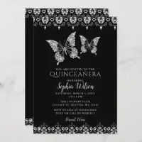  Black Diamante Lace Butterflies Quinceañera  Invitation