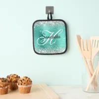 Silver Glitter Turquoise Foil Fancy Monogram Pot Holder