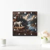 Majestic Bengal Tigers in Mountain Landscape Square Wall Clock