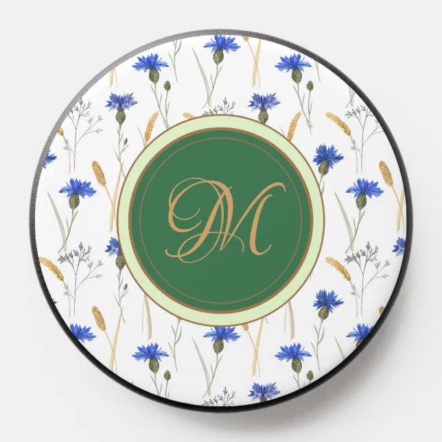 Floral Wildflower Green Monogram PopSocket