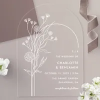 White Wildflower Modern Minimalist Arch Wedding Acrylic Invitations