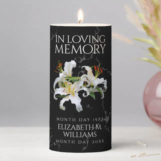 Elegant White Oriental Lilies Celebration of Life Pillar Candle