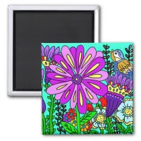 Colorful Folk Art Style Bird and Flowers Magnet