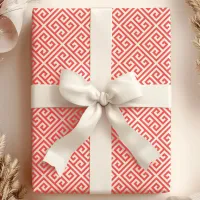 Red and White Greek Key Maze Pattern Wrapping Paper