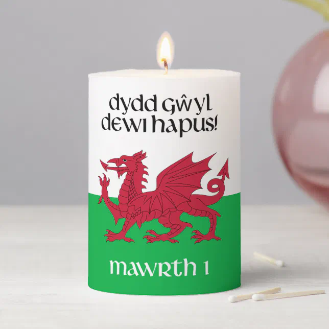 Happy St. David's Day Red Dragon Welsh Flag Pillar Candle