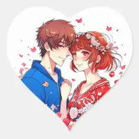 Cute Anime Boy and Girl Cuddling Heart Sticker