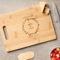 Elegant Floral Wreath Wedding Couple & Date Wood Cutting Board