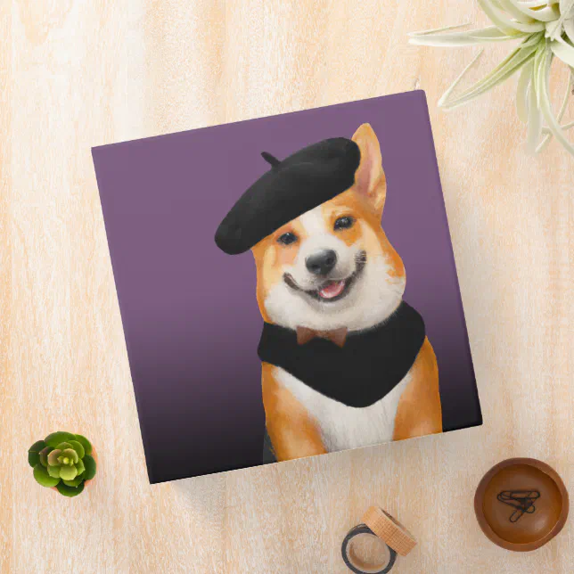 Cute Chic Corgi Dog Wearing Beret & Bandana 3 Ring Binder