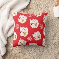 Maneki Neko Cute Lucky White Cat Throw Pillow