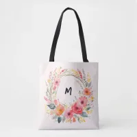 Pretty Floral Wreath Monogrammed Elegant Tote Bag