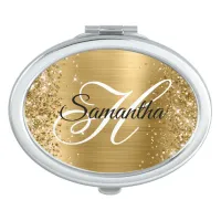 Glittery Gold Foil Fancy Monogram Oval Compact Mirror