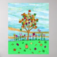 Pretty Folk Art Whimsical Autumn Tree Fall Leaves Poster