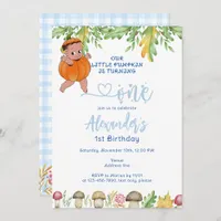 Pumpkin Turning One Mushrooms Plaid 1st Birthday Invitation