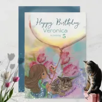 Cute Kitten Girl tulips Birthday Card