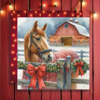 Beautiful Brown Horse at a Festive Barn Christmas Holiday Card