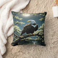 Eagle Perched on Branch Under Moonlit Sky Throw Pillow