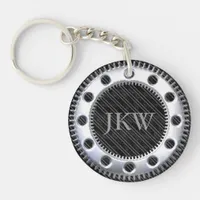 Modern Elegant Monogram Black and Grey Striped  Keychain