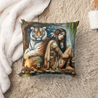 Native American Woman Sitting By River With Tiger Throw Pillow