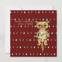 Cheer Cat; Funny Tangled Kitty in Xmas Lights Red Holiday Card