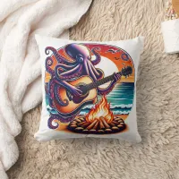 Octopus Playing Guitar by the Beach Campfire Throw Pillow