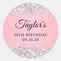 Silver Glitter Pink 50th Birthday Classic Round Sticker