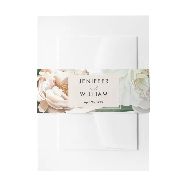 Peach White Peonies & Green Leaves Floral Wedding Invitation Belly Band