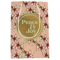 Peace & Joy, Pink Green Gold Poinsettia Christmas Medium Gift Bag