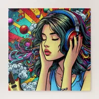 Girl Listening to Music on Headphones Psychedelic Jigsaw Puzzle