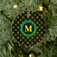 Wreath Monogram Your Name Black Yellow Snowflakes Ceramic Ornament