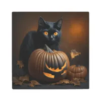 Black Cat and Jack-O-Lantern Metal Print