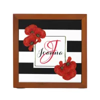 Red Poppies on Black & White Striped Background Desk Organizer