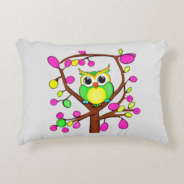 Happy owl in a multicolored tree accent pillow