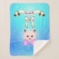 Sweet Funny Cat with Bow Name Personalize Sherpa Blanket