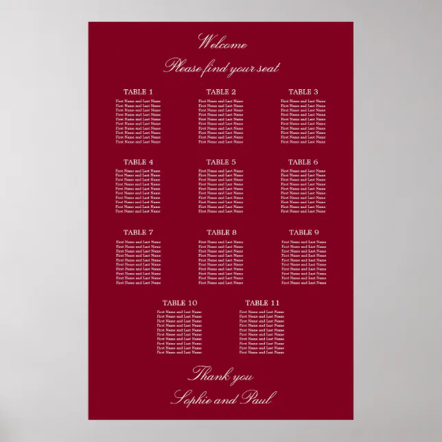 Burgundy 11 Table Wedding Seating Chart Poster