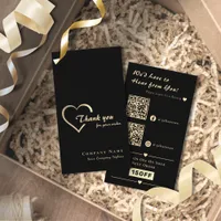 Elegant Black & Gold Shiny Heart QR Code Thank you Business Card