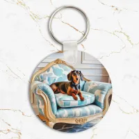 Elegant Dachshund on Luxury Armchair Monogrammed Keychain