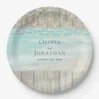 Rustic Wood Ocean Beach String Lights Wedding Paper Plates