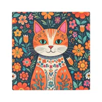 Whimsical Folk Art Cat and Flowers