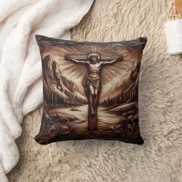 Jesus Crucified Amidst Majestic Mountains Throw Pillow